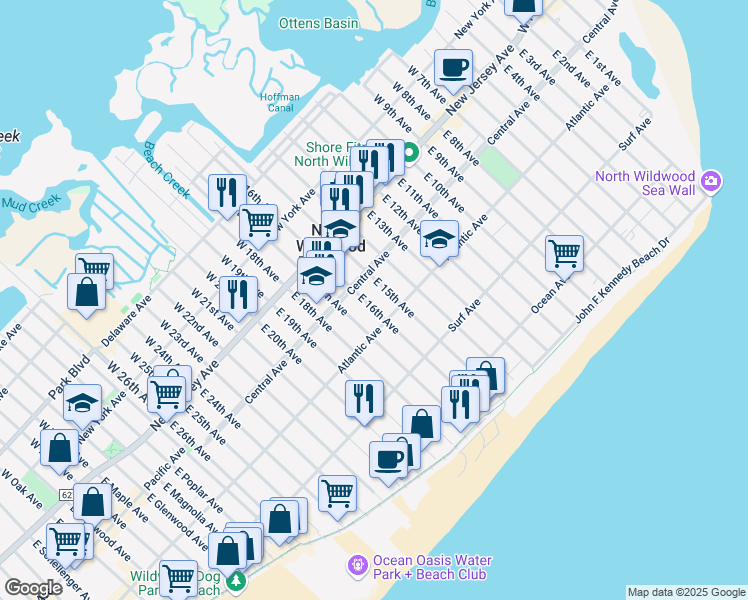 map of restaurants, bars, coffee shops, grocery stores, and more near 230 East 15th Avenue in North Wildwood