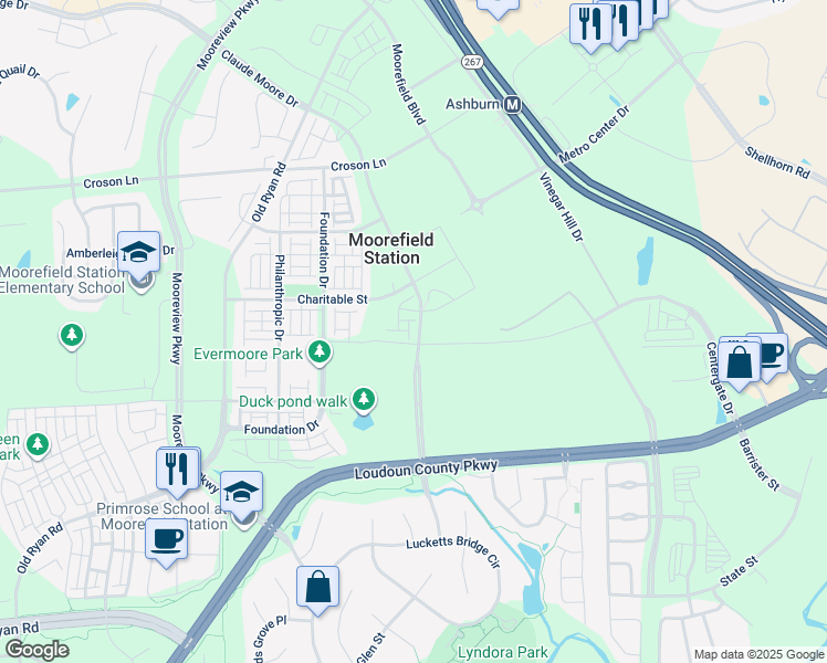 map of restaurants, bars, coffee shops, grocery stores, and more near 22405 Claude Moore Drive in Ashburn