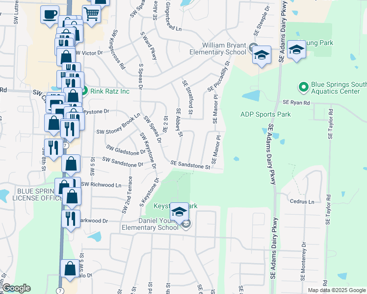 map of restaurants, bars, coffee shops, grocery stores, and more near 1905 Southeast Abbey Street in Blue Springs