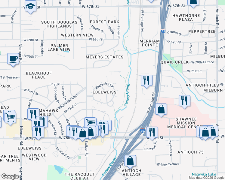 map of restaurants, bars, coffee shops, grocery stores, and more near 9957 Edelweiss Circle in Shawnee