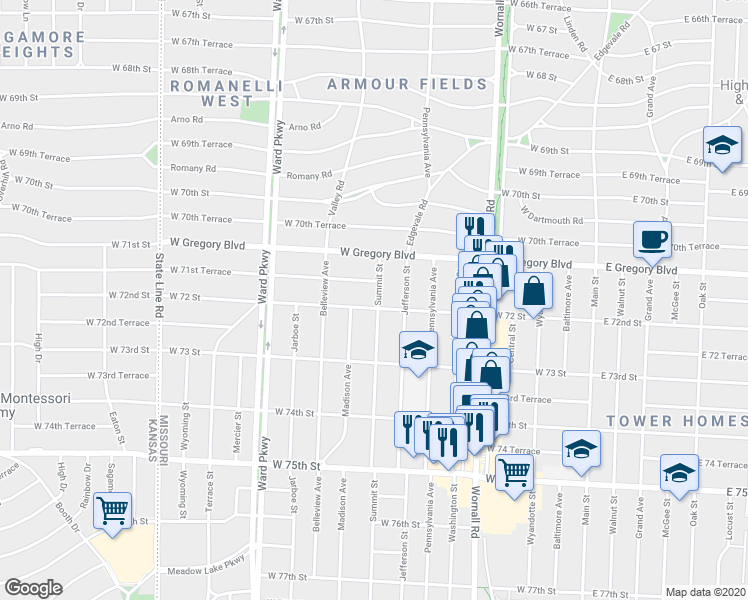 map of restaurants, bars, coffee shops, grocery stores, and more near 800 West 72nd Street in Kansas City