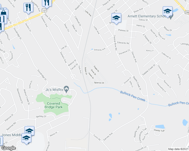 map of restaurants, bars, coffee shops, grocery stores, and more near 1150 Edwards Road in Erlanger
