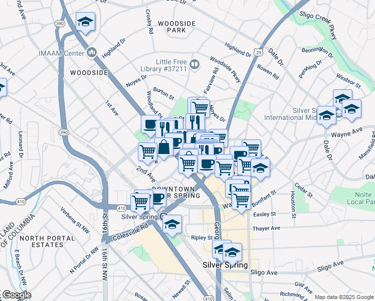 map of restaurants, bars, coffee shops, grocery stores, and more near 8616 Cameron Street in Silver Spring