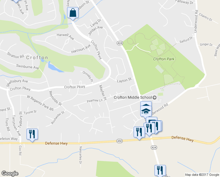 map of restaurants, bars, coffee shops, grocery stores, and more near 1856 Marlow Place in Crofton