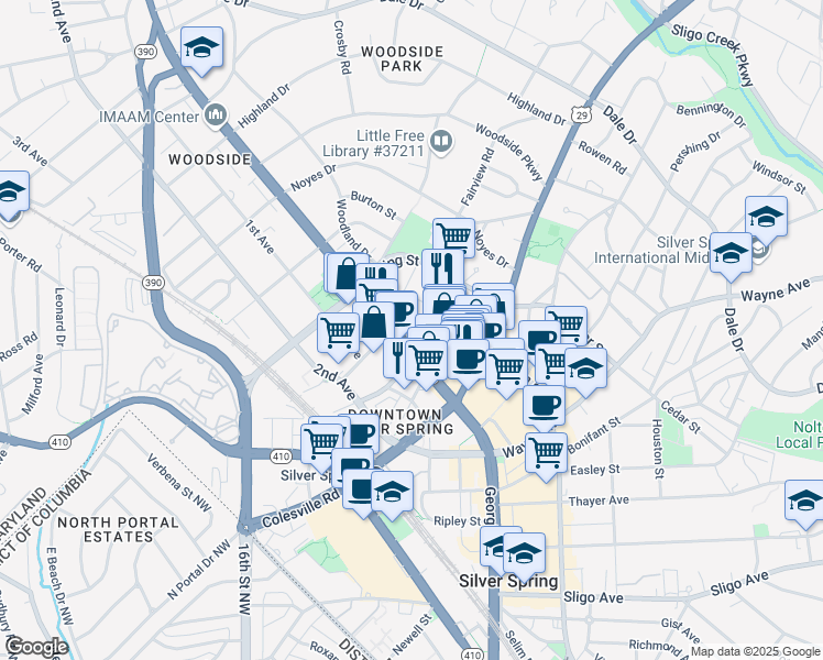 map of restaurants, bars, coffee shops, grocery stores, and more near 8711 Georgia Avenue in Silver Spring