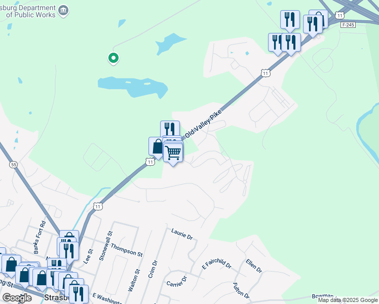 map of restaurants, bars, coffee shops, grocery stores, and more near 225 Brandy Court in Strasburg