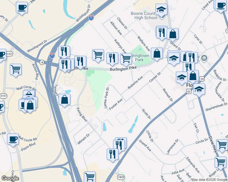map of restaurants, bars, coffee shops, grocery stores, and more near 206 Center Park Drive in Florence