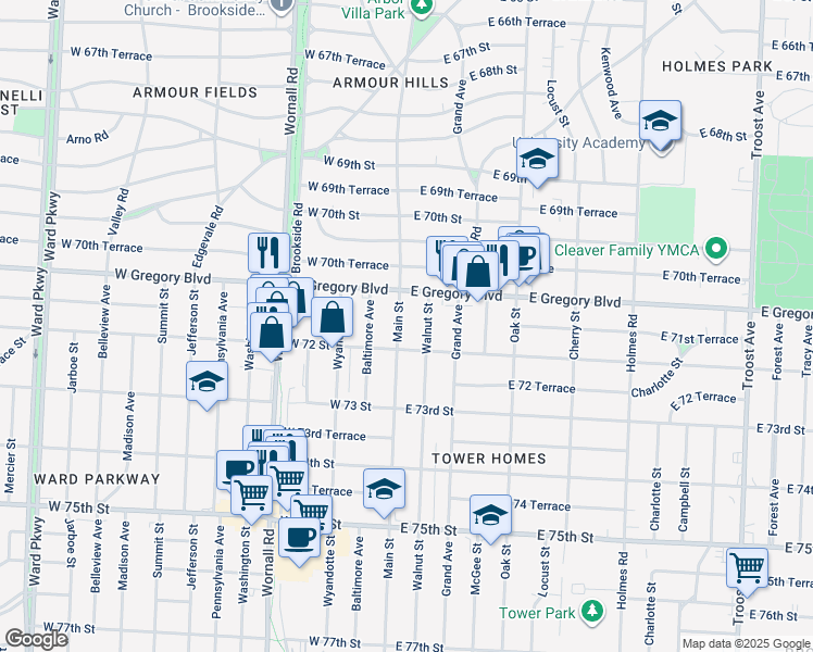 map of restaurants, bars, coffee shops, grocery stores, and more near 7122 Walnut Street in Kansas City
