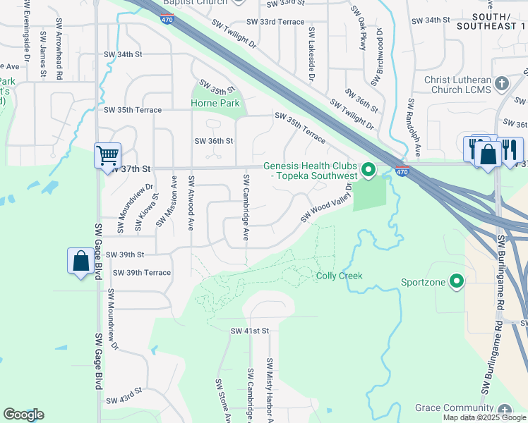 map of restaurants, bars, coffee shops, grocery stores, and more near 3819 Southwest Cambridge Court in Topeka