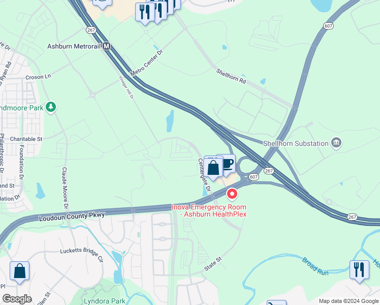 map of restaurants, bars, coffee shops, grocery stores, and more near 43855 Kingston Station Terrace in Ashburn