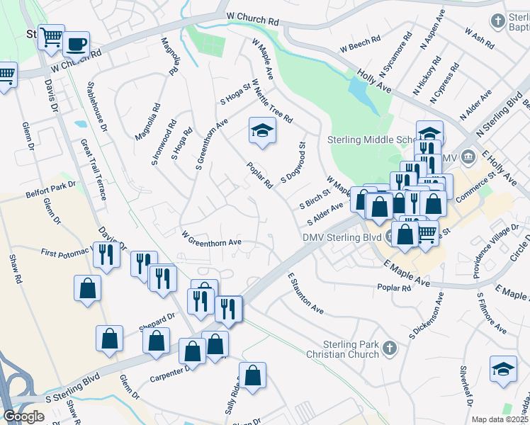 map of restaurants, bars, coffee shops, grocery stores, and more near 910 Sherwood Court in Sterling