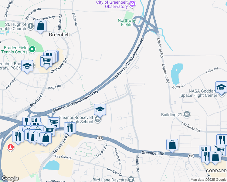 map of restaurants, bars, coffee shops, grocery stores, and more near 7810 Hanover Parkway in Greenbelt