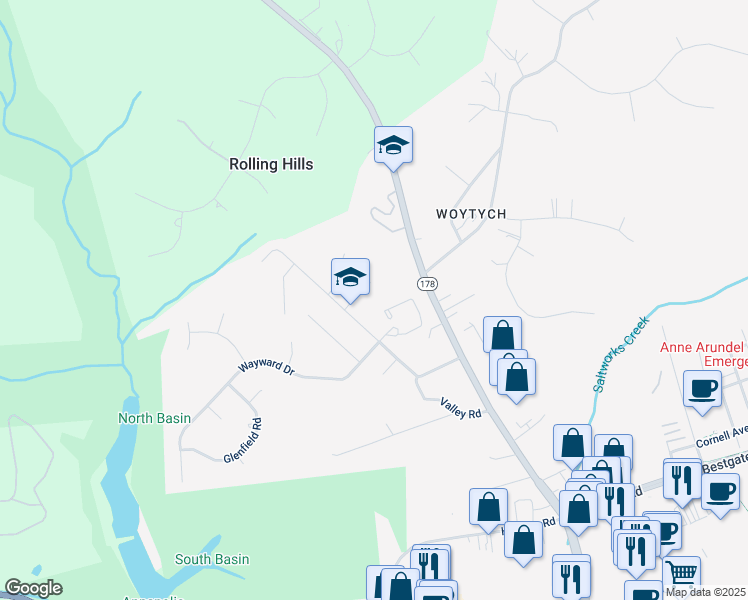 map of restaurants, bars, coffee shops, grocery stores, and more near 1985 Valley Road in Annapolis