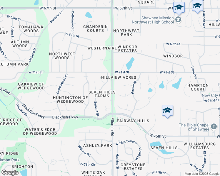 map of restaurants, bars, coffee shops, grocery stores, and more near 13502 72nd Street in Shawnee