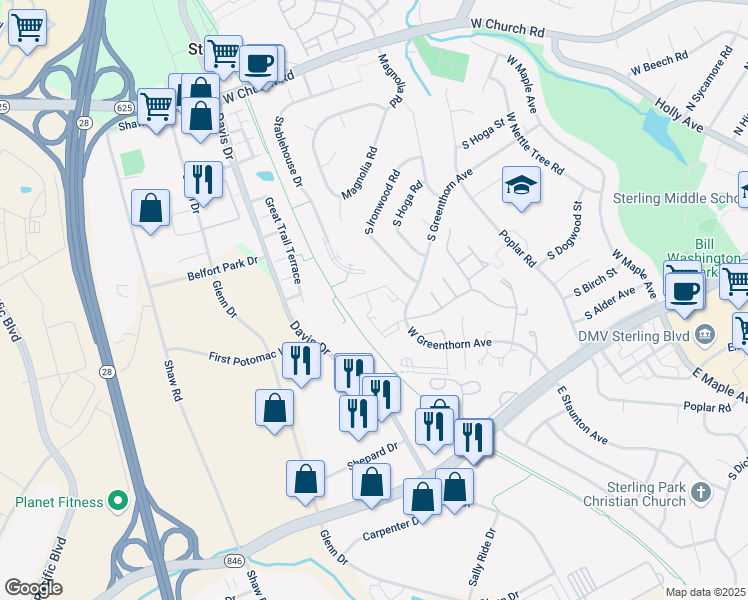 map of restaurants, bars, coffee shops, grocery stores, and more near 1028 Margate Court in Sterling