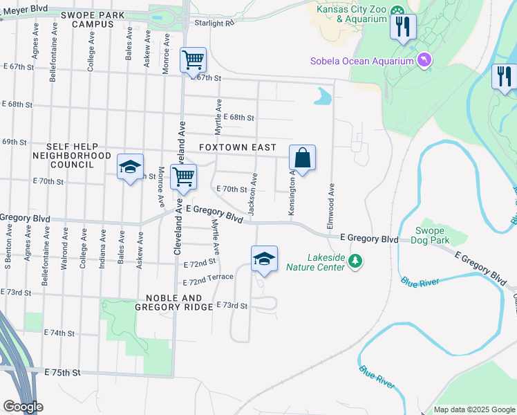 map of restaurants, bars, coffee shops, grocery stores, and more near 7020 Spruce Avenue in Kansas City