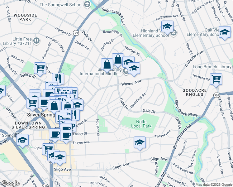 map of restaurants, bars, coffee shops, grocery stores, and more near 404 Dale Drive in Silver Spring