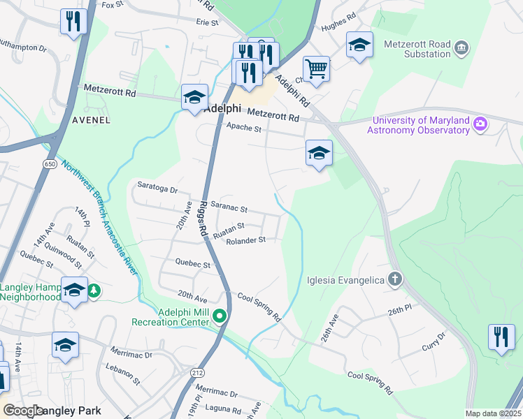 map of restaurants, bars, coffee shops, grocery stores, and more near 2130 Saranac Street in Hyattsville