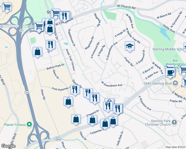 map of restaurants, bars, coffee shops, grocery stores, and more near 1028 Margate Court in Sterling