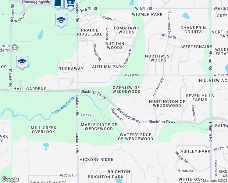 map of restaurants, bars, coffee shops, grocery stores, and more near 7139 Oakview Street in Shawnee