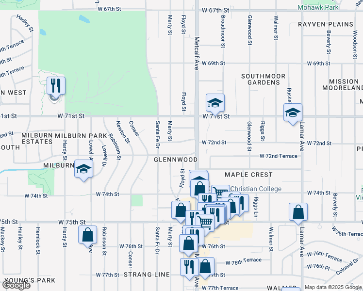 map of restaurants, bars, coffee shops, grocery stores, and more near 7217 West 72nd Street in Overland Park