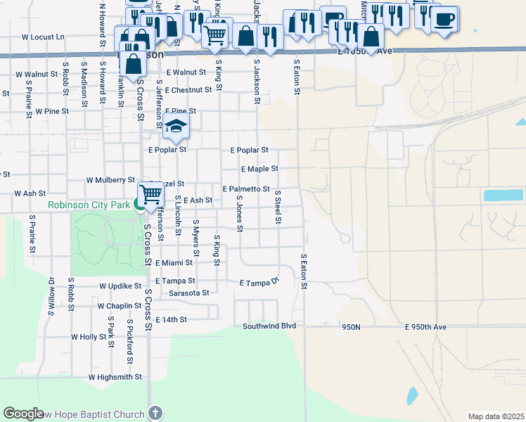 map of restaurants, bars, coffee shops, grocery stores, and more near 701 East Emmons Street in Robinson