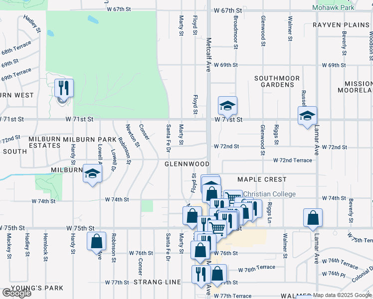 map of restaurants, bars, coffee shops, grocery stores, and more near 7217 West 72nd Street in Overland Park