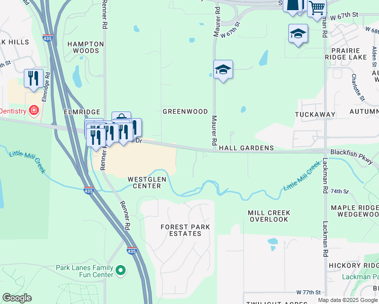 map of restaurants, bars, coffee shops, grocery stores, and more near 7204 Legler Street in Shawnee