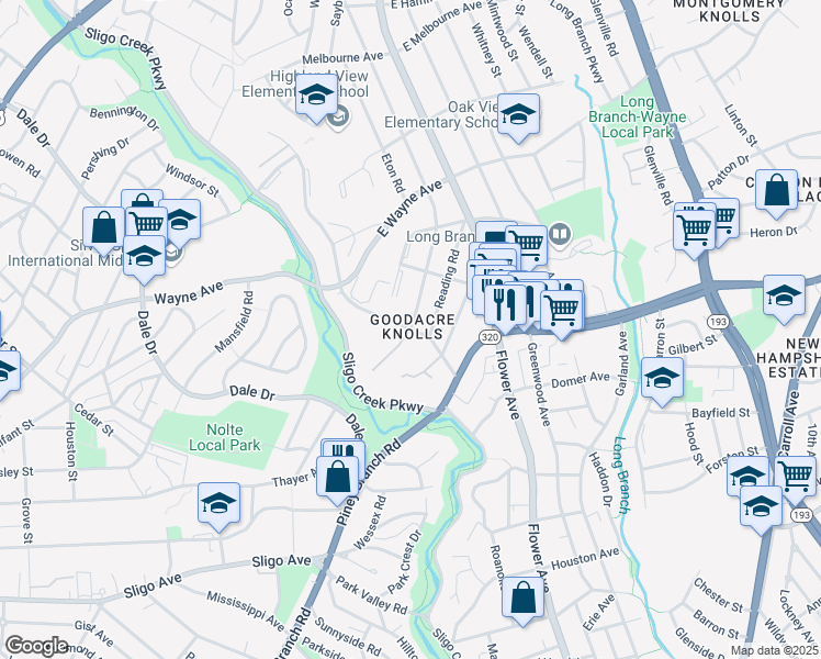 map of restaurants, bars, coffee shops, grocery stores, and more near 8532 Manchester Road in Silver Spring