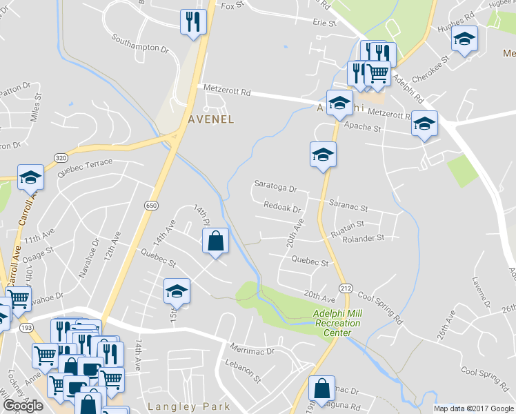 map of restaurants, bars, coffee shops, grocery stores, and more near 1911 Red Oak Drive in Hyattsville