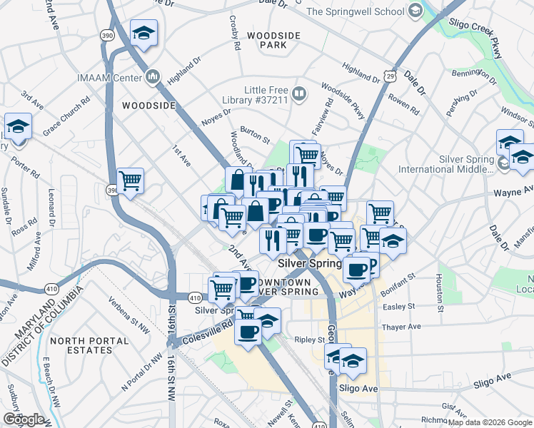 map of restaurants, bars, coffee shops, grocery stores, and more near 101 Independence Avenue Southeast in Washington