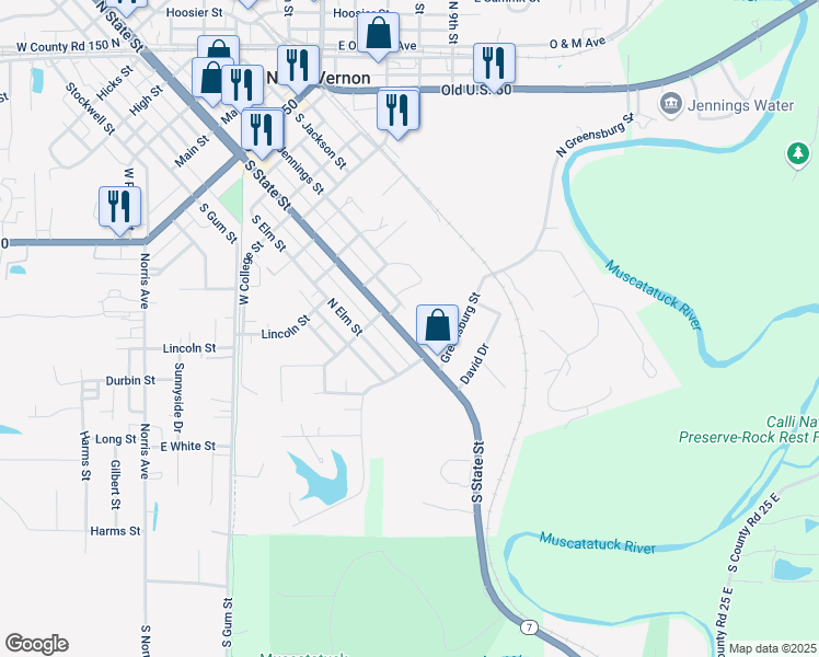 map of restaurants, bars, coffee shops, grocery stores, and more near 720 South State Street in North Vernon