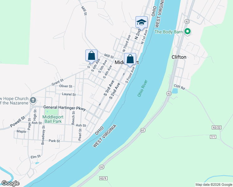 map of restaurants, bars, coffee shops, grocery stores, and more near 44 Lincoln Street in Middleport