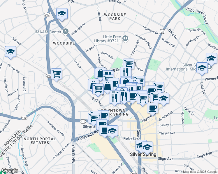map of restaurants, bars, coffee shops, grocery stores, and more near 8744 Georgia Avenue in Silver Spring