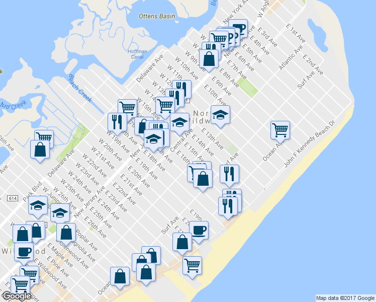 map of restaurants, bars, coffee shops, grocery stores, and more near 230 East 15th Avenue in North Wildwood
