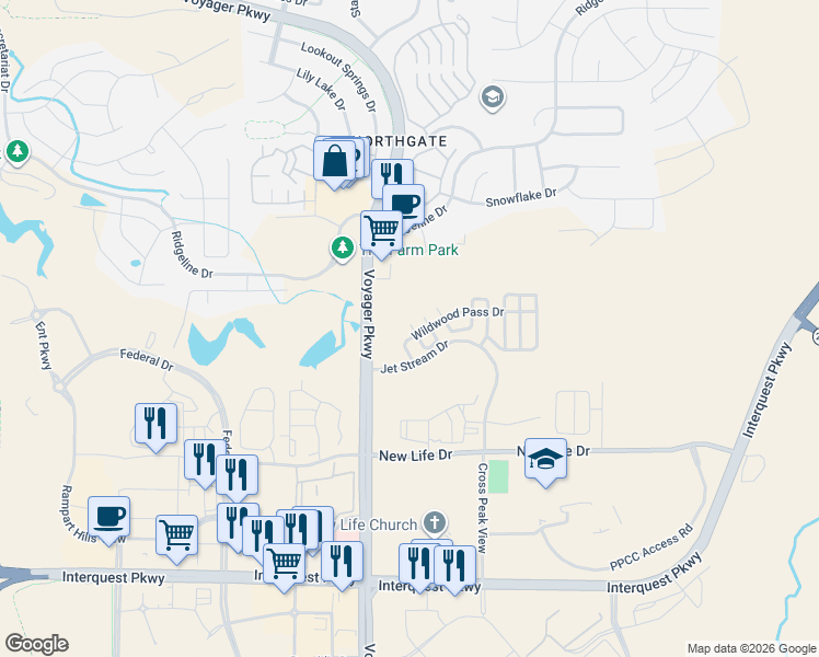 map of restaurants, bars, coffee shops, grocery stores, and more near 1722 Wildwood Pass Drive in Colorado Springs