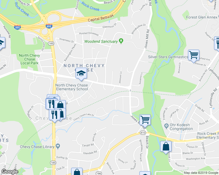 map of restaurants, bars, coffee shops, grocery stores, and more near 3322 Jones Bridge Road in Chevy Chase
