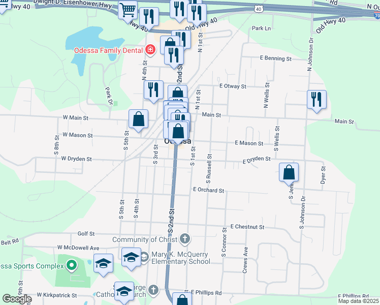 map of restaurants, bars, coffee shops, grocery stores, and more near 209 South 1st Street in Odessa