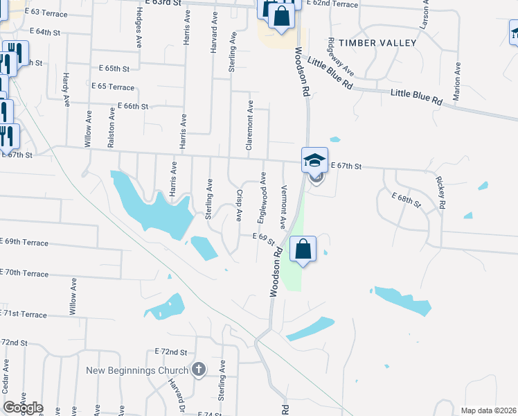 map of restaurants, bars, coffee shops, grocery stores, and more near 6808 Englewood Avenue in Raytown