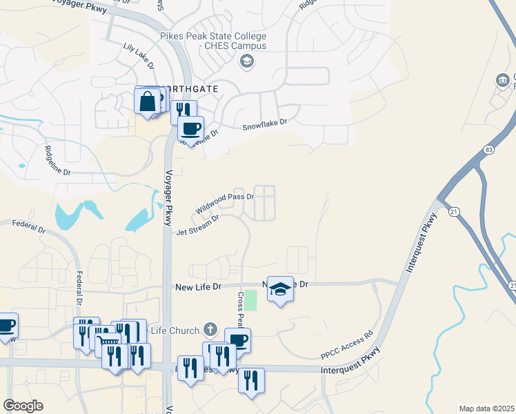 map of restaurants, bars, coffee shops, grocery stores, and more near 11551 Mountain Turtle Drive in Colorado Springs