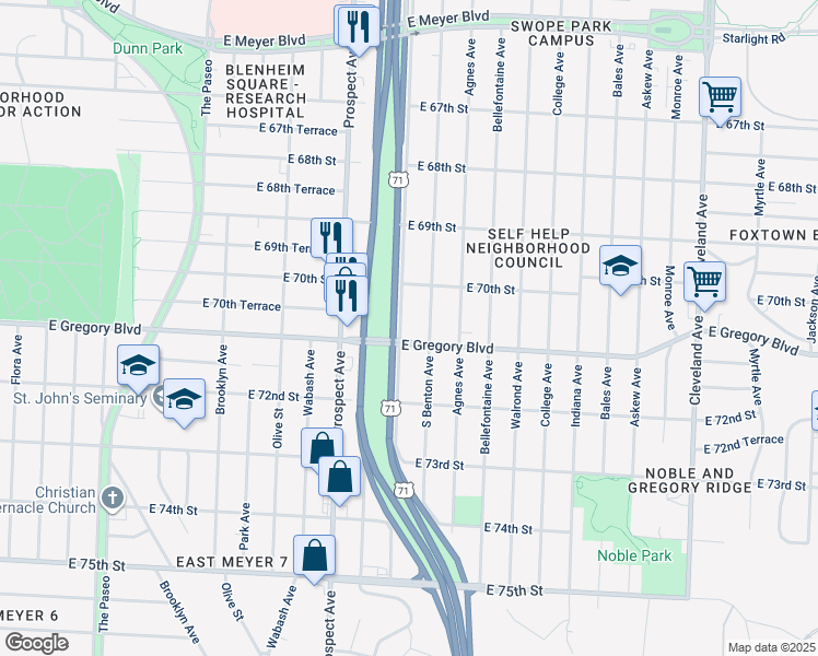 map of restaurants, bars, coffee shops, grocery stores, and more near 7037 Chestnut Avenue in Kansas City
