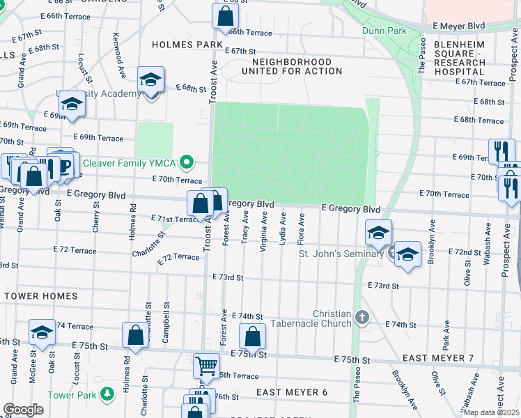 map of restaurants, bars, coffee shops, grocery stores, and more near 7102 Virginia Avenue in Kansas City