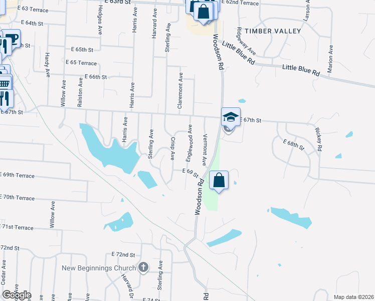 map of restaurants, bars, coffee shops, grocery stores, and more near 6808 Englewood Avenue in Raytown