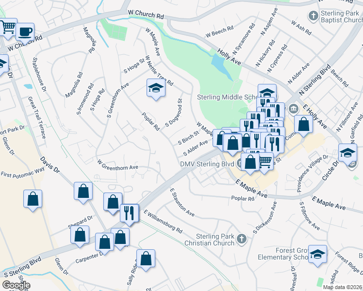 map of restaurants, bars, coffee shops, grocery stores, and more near 802 South Birch Street in Sterling