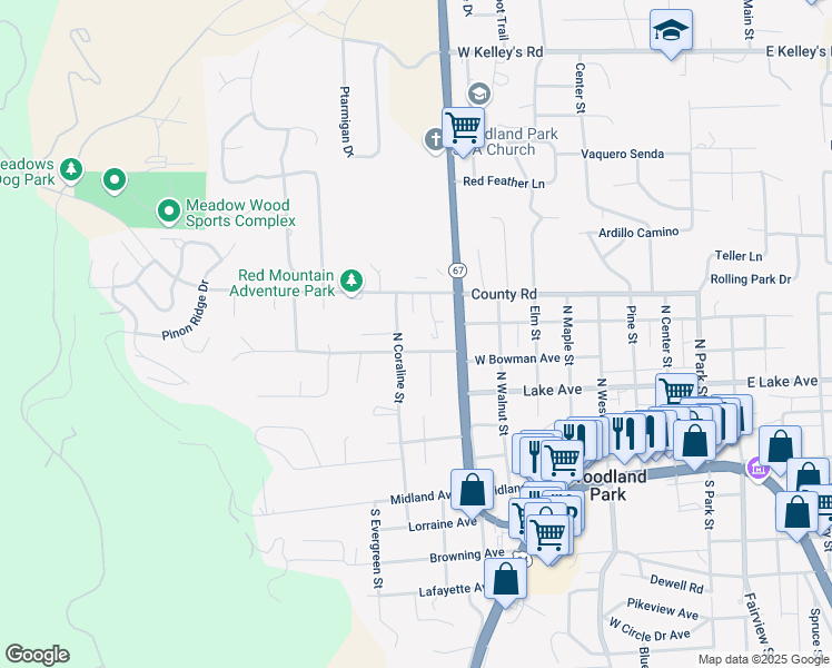 map of restaurants, bars, coffee shops, grocery stores, and more near 930 West Bowman Avenue in Woodland Park