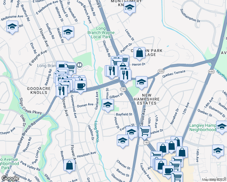 map of restaurants, bars, coffee shops, grocery stores, and more near 8709 Gilbert Place in Silver Spring
