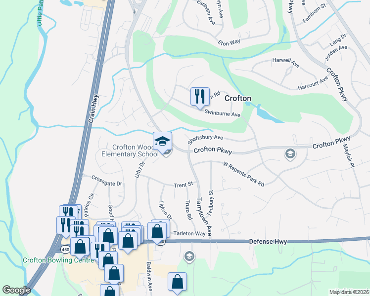 map of restaurants, bars, coffee shops, grocery stores, and more near 1747 Crofton Parkway in Crofton