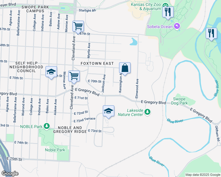 map of restaurants, bars, coffee shops, grocery stores, and more near 7020 Spruce Avenue in Kansas City