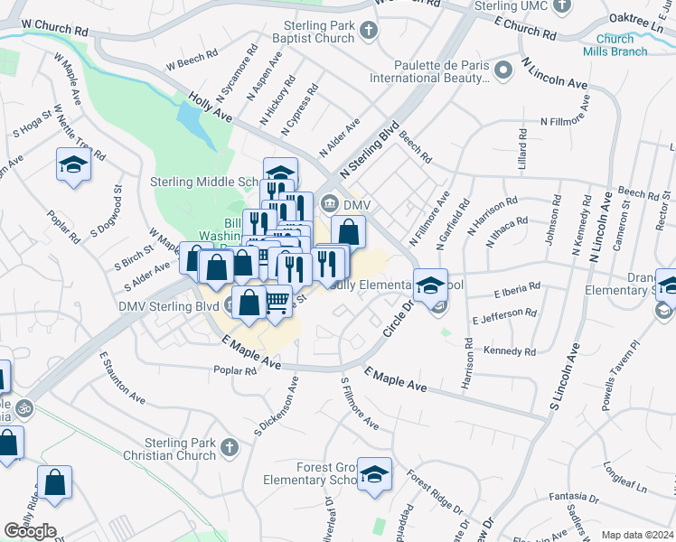 map of restaurants, bars, coffee shops, grocery stores, and more near 14944 Enterprise Street in Sterling