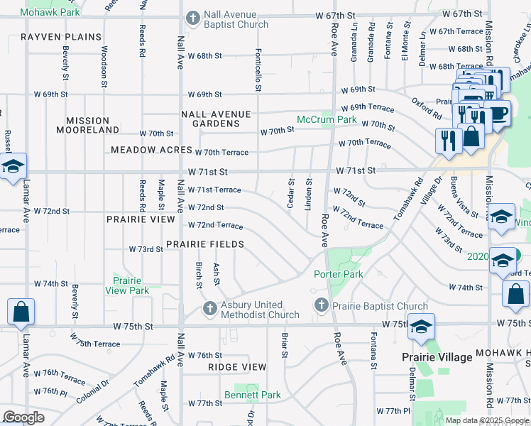 map of restaurants, bars, coffee shops, grocery stores, and more near 5016 West 72nd Street in Prairie Village